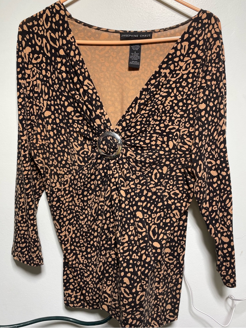 Josephine Chaus Black and Tan Leopard-Print V-Neck Top with Front Ring